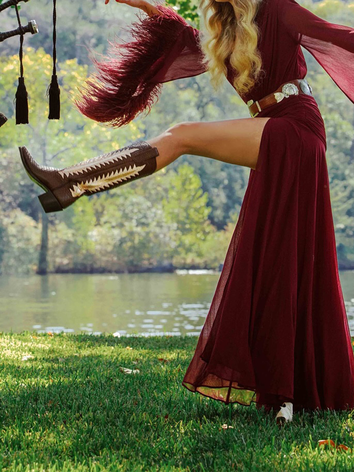 Chocolate Snakeskin Vegan Leather Gold Leaf Inlay Wide Calf Tall Knee High Cowgirl Boots