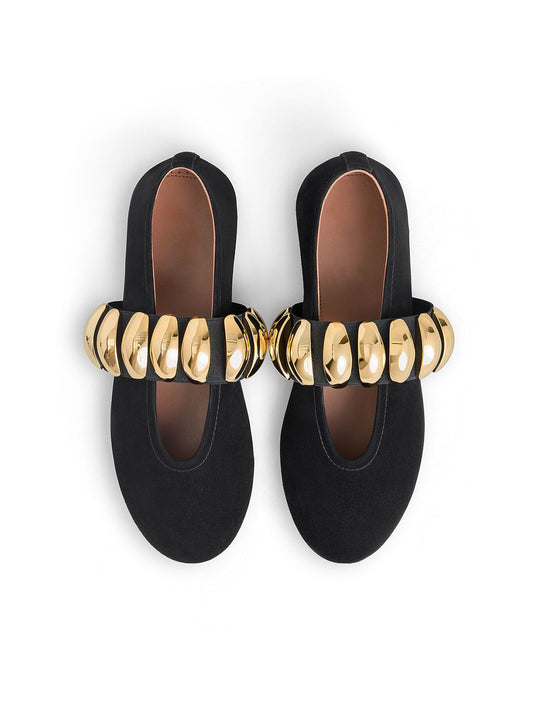 Black Faux Suede Round-Toe Jewel Mary Jane Ballet Flats