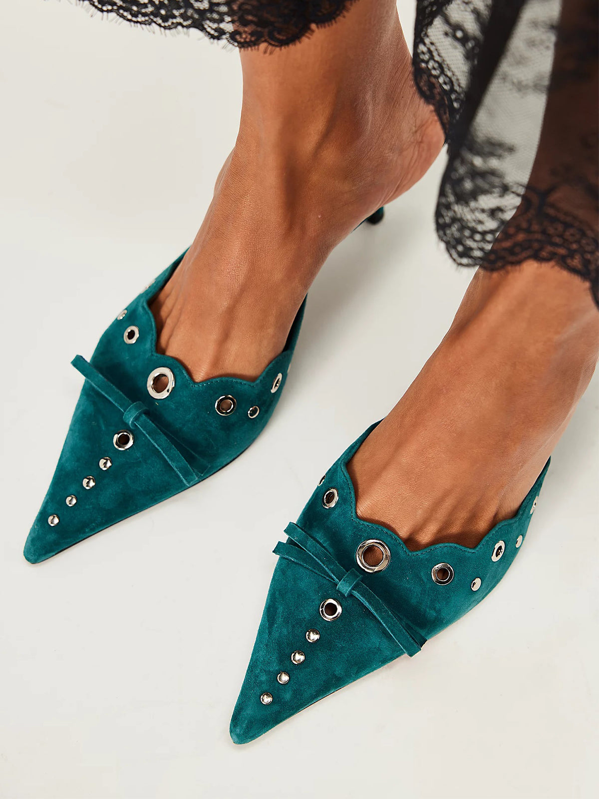 Teal Faux Suede Pointed-Toe Front Knot And Studs And Eyelets Kitten Heels