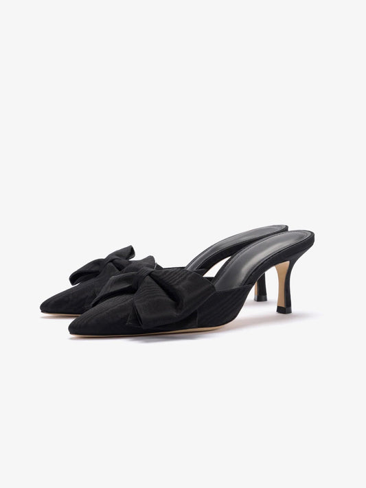 Black Satin Pointed-Toe Big Front Bow High Heels
