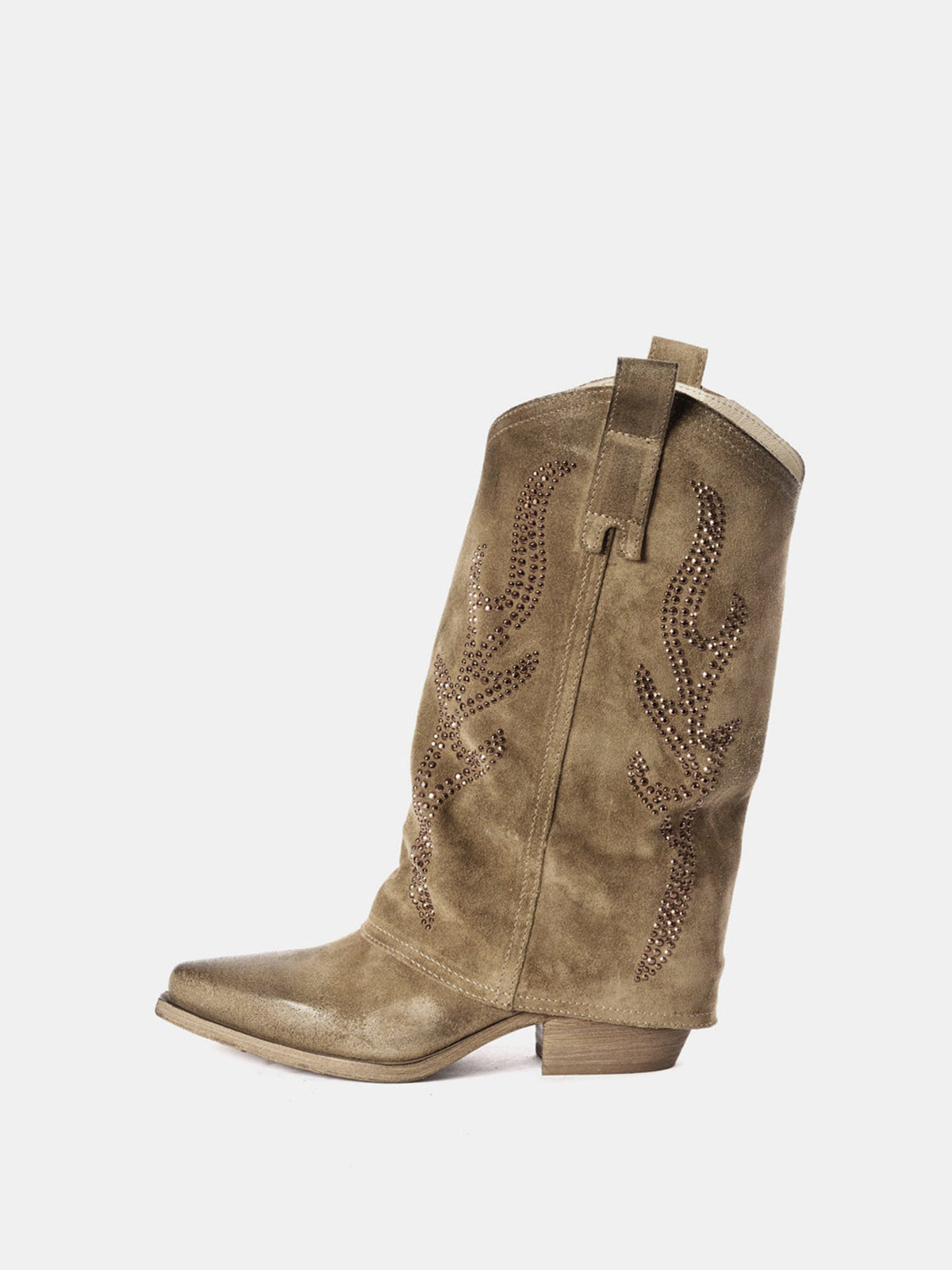 Dark Gray Faux Suede Snip-Toe Studded Fold-Over Mid Calf Cowgirl Boots