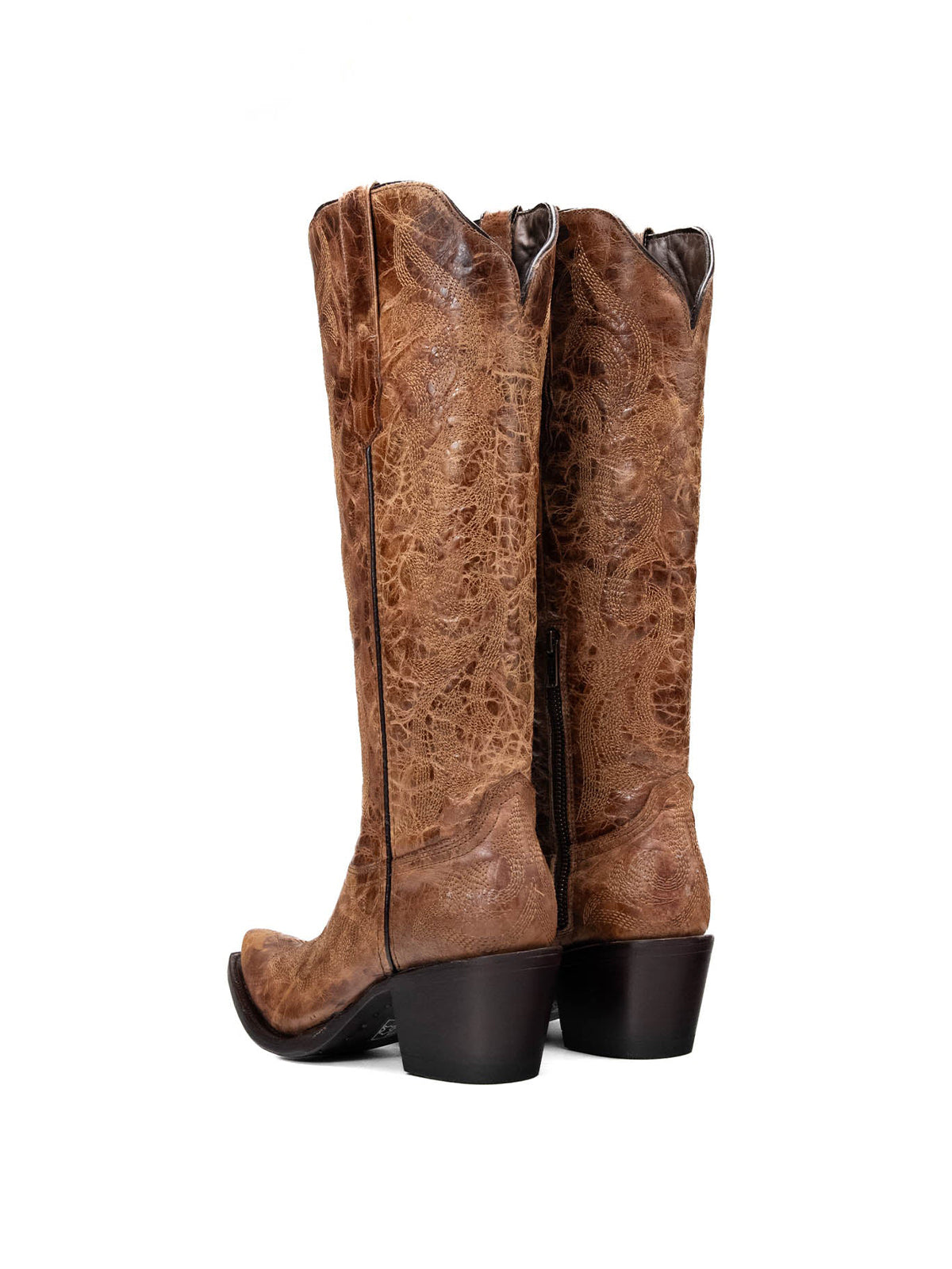 Snip-Toe Chic Embroidery Half-Zip Knee High Cowgirl Boots For Woman - Distressed Brown
