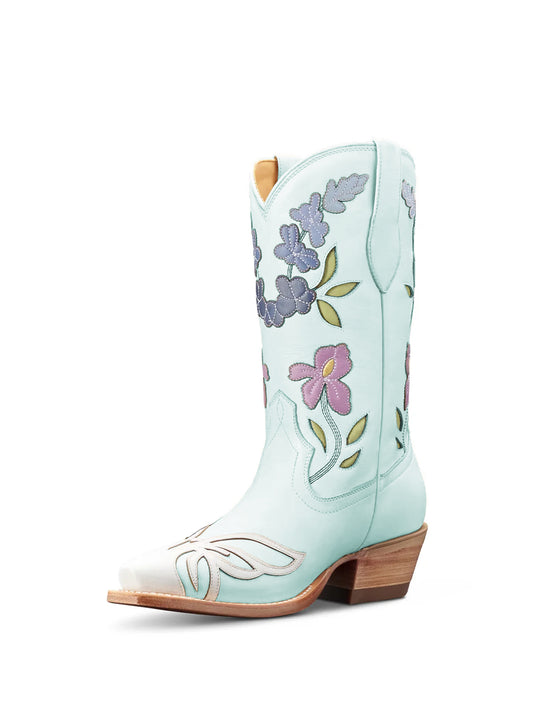 Ivory Snip-Toe Flower Applique Mid Calf Pull On Cowgirl Boots