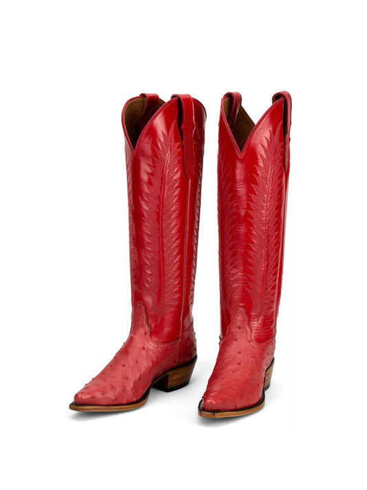Red Ostrich Print Snip-Toe Western Stitch Knee High Cowgirl Boots