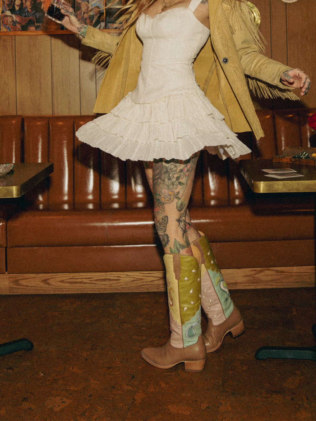 Contrast Multi-Color Almond-Toe Delicate Inlays Wide Calf Knee High Cowgirl Boots