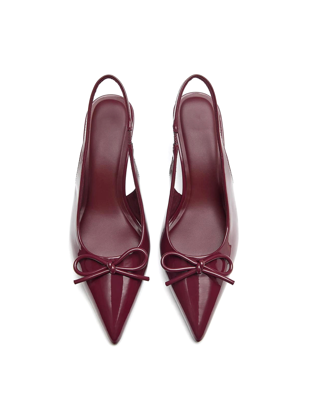 Patent Burgundy Pointed-Toe Front Bow Slingback Kitten Heels
