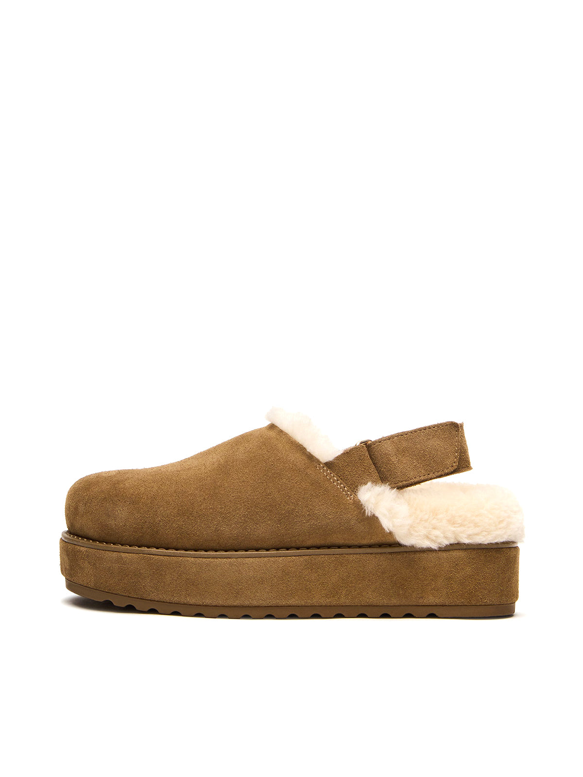 Cognac Faux Suede Round-Toe Slingback Platform Shoes With Faux Fur