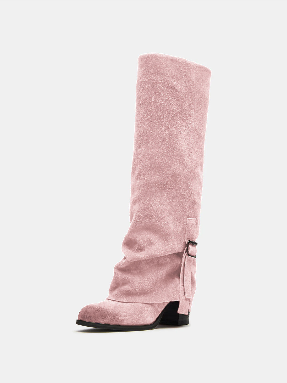 Pink Faux Suede Round-Toe Fold-Over Adjustable Buckle Knee High Cowgirl Boots