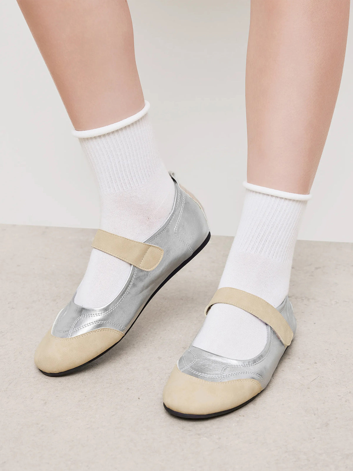 Beige And Silver Round-Toe Chic Mary Jane Classic Flats