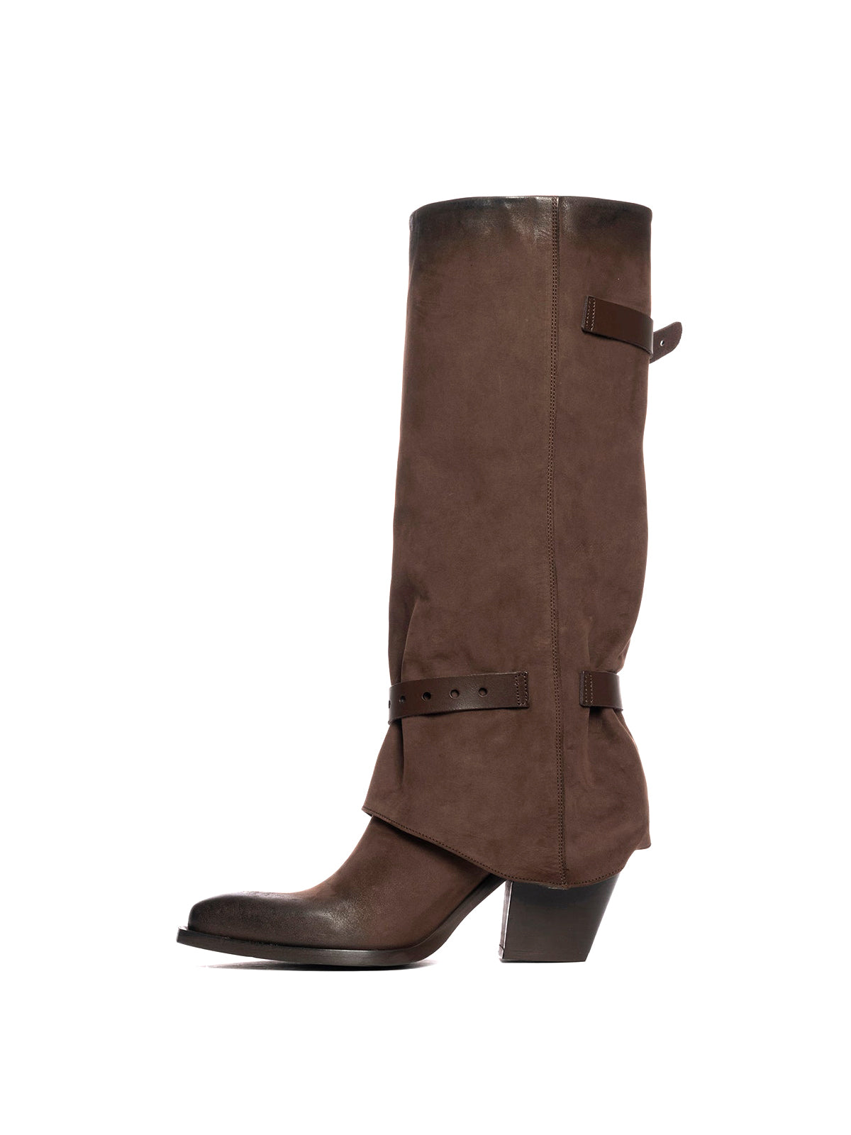 Brown Faux Suede Snip-Toe Bottom Zipper Fold-Over Buckle Knee High Cowgirl Boots