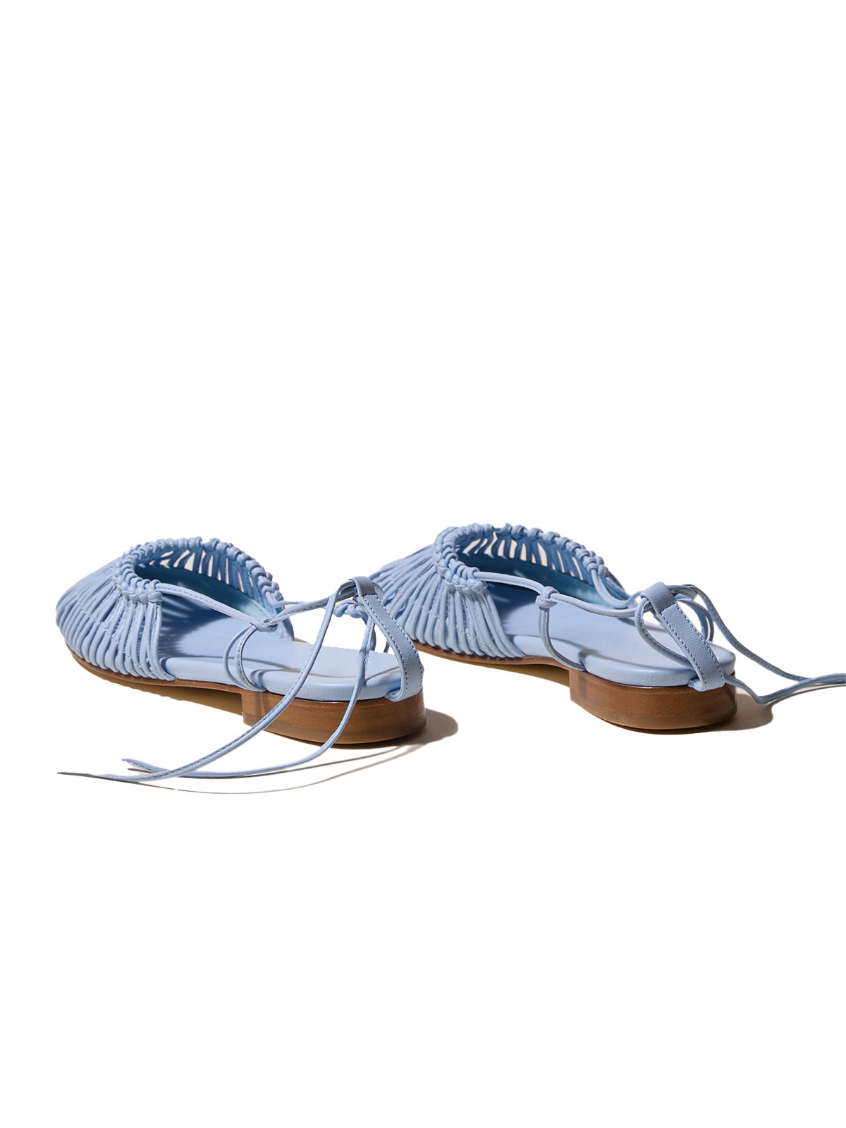 Blue Knotted Strappy Semi-Hollow Round-Toe Flats Self-Tie Sandals