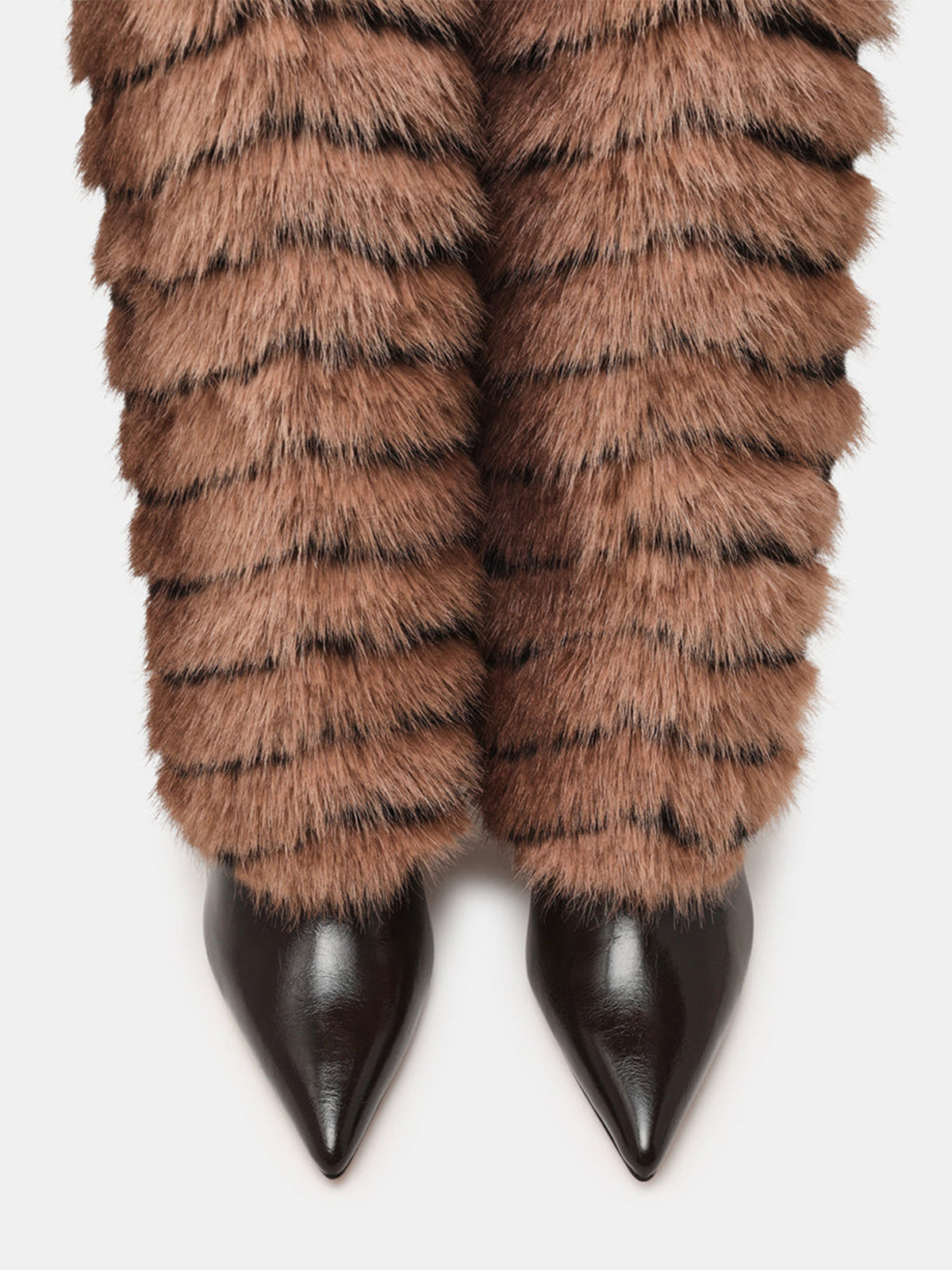 Tan And Black Pointed-Toe Plush Shaft Chic Wide Calf Knee High Stiletto Boots