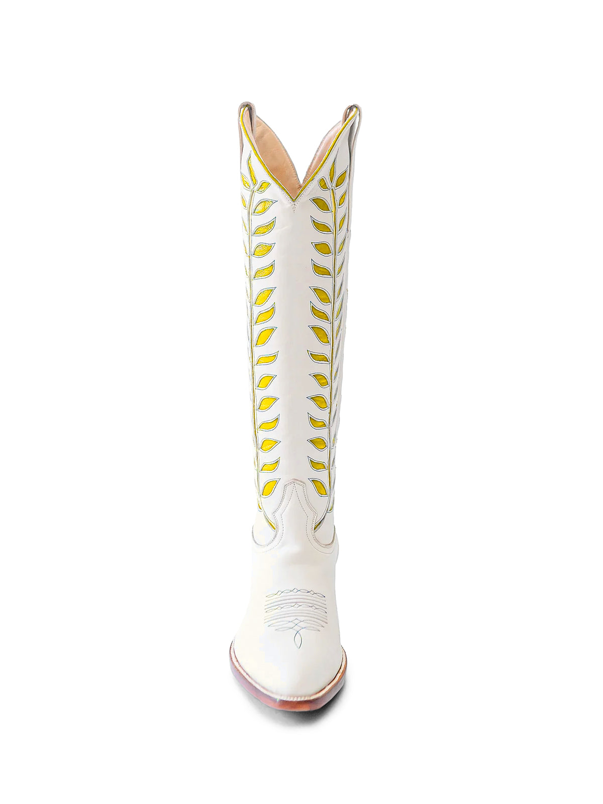 Almond-Toe Yellow Leaves Inlay Wide Calf Tall Knee High Cowgirl Boots - White