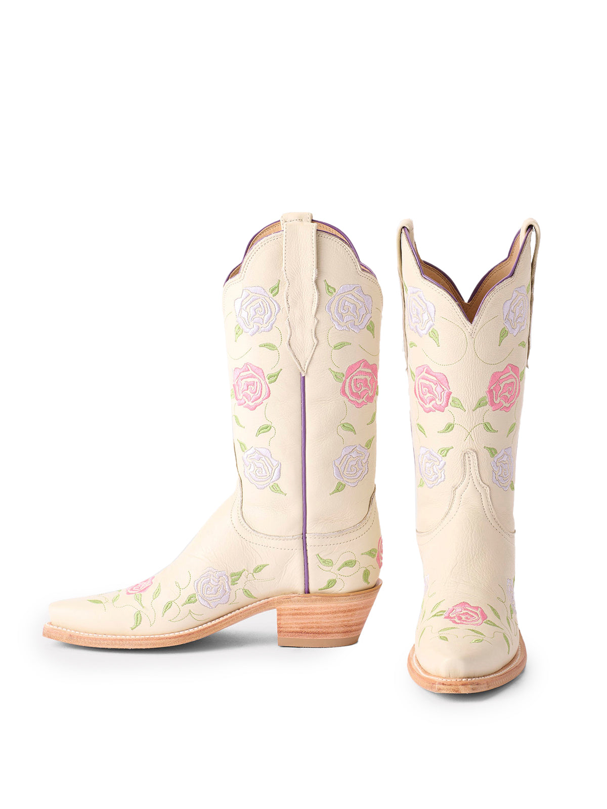 Cream Snip-Toe Rose Embroidery Mid Calf Cowgirl Boots