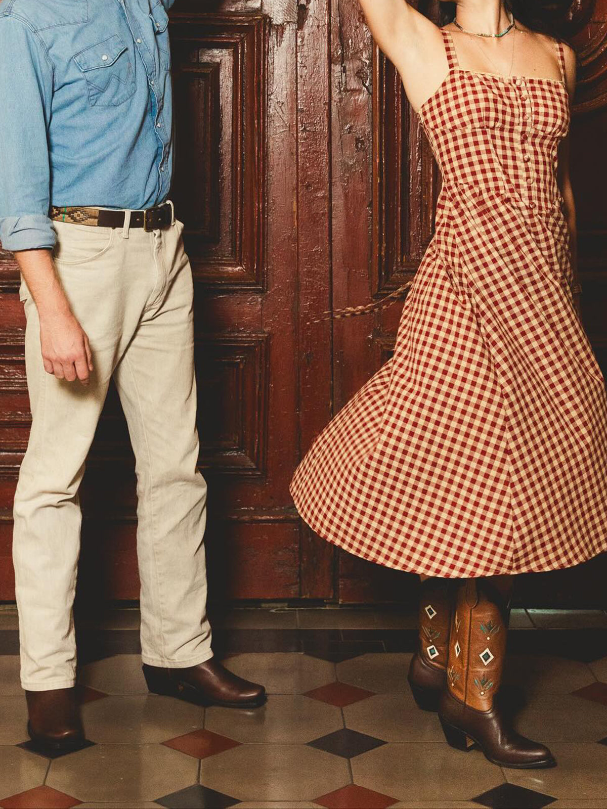 Contrast Brown And Chocolate Round-Toe Inlay Mid Calf Cowgirl Boots