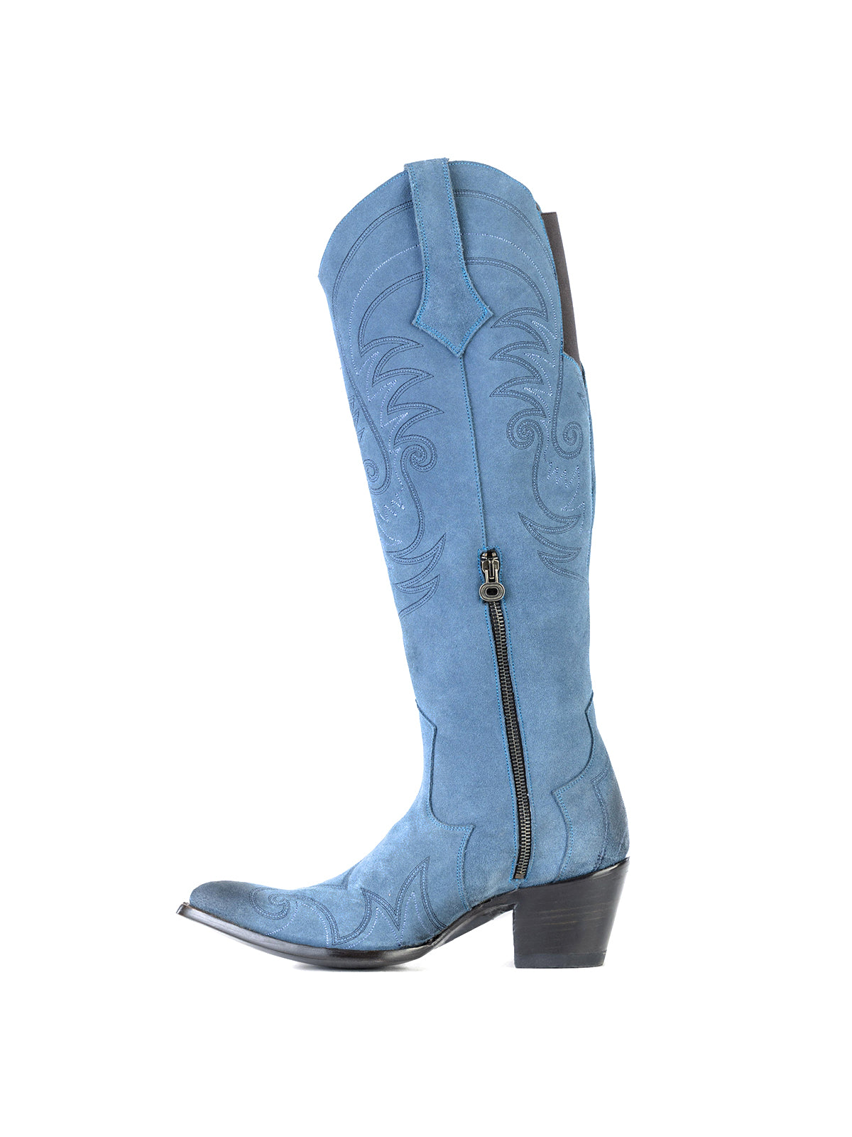 Side-Zip Pointed-Toe Chic Embroidery Wide Calf Knee High Cowgirl Boots - Blue