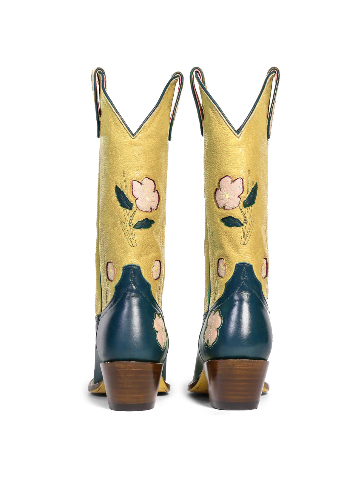 Contrast Yellow And Blue Almond-Toe Fresh Flower Inlay Mid Calf Cowgirl Boots