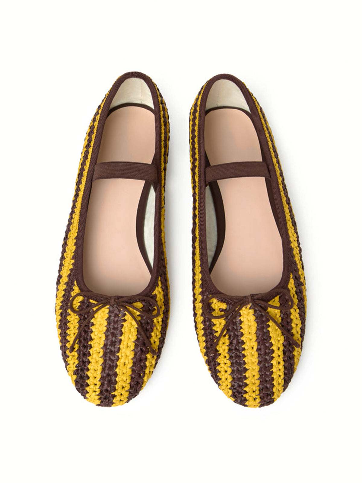 Contrast Yellow And Brown Rope Weaving Round-Toe Front Bow Mary Jane Ballet Flats