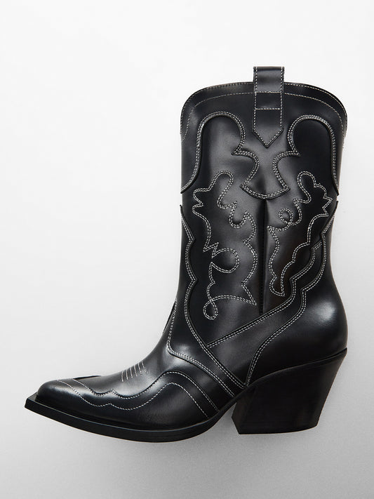 Black Pointed-Toe Chic Embroidery Mid Calf Classic Cowgirl Boots
