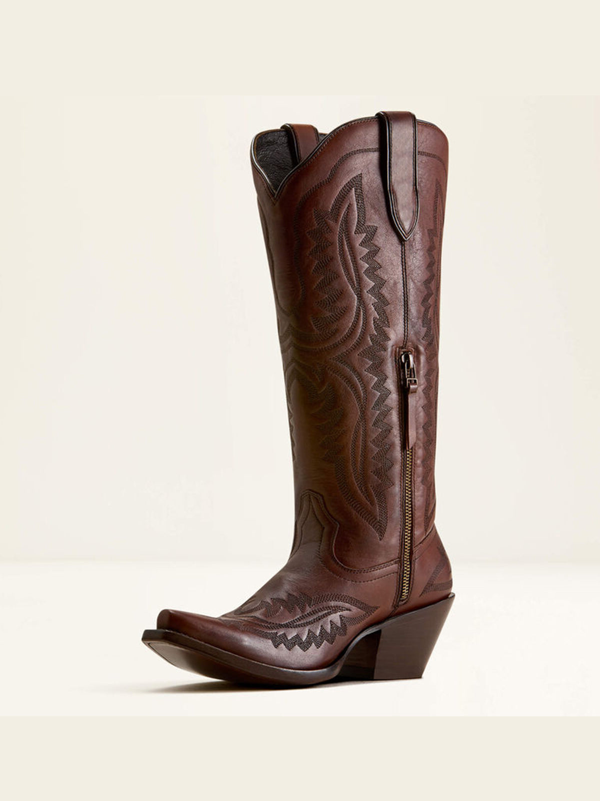 Western Embroidery Tall Snip-Toe Half-Zip Knee High Cowgirl Boots - Vintage Brown