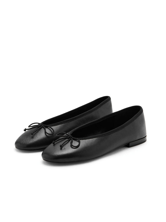 Black Vegan Leather Round-Toe Classic Ballet Flats With Front Bow