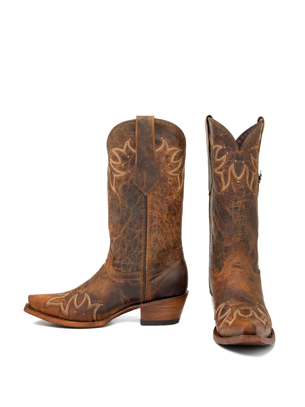 Western Snip-Toe Embroidery And Studs Mid Calf Chic Cowgirl Boots - Dark Tan