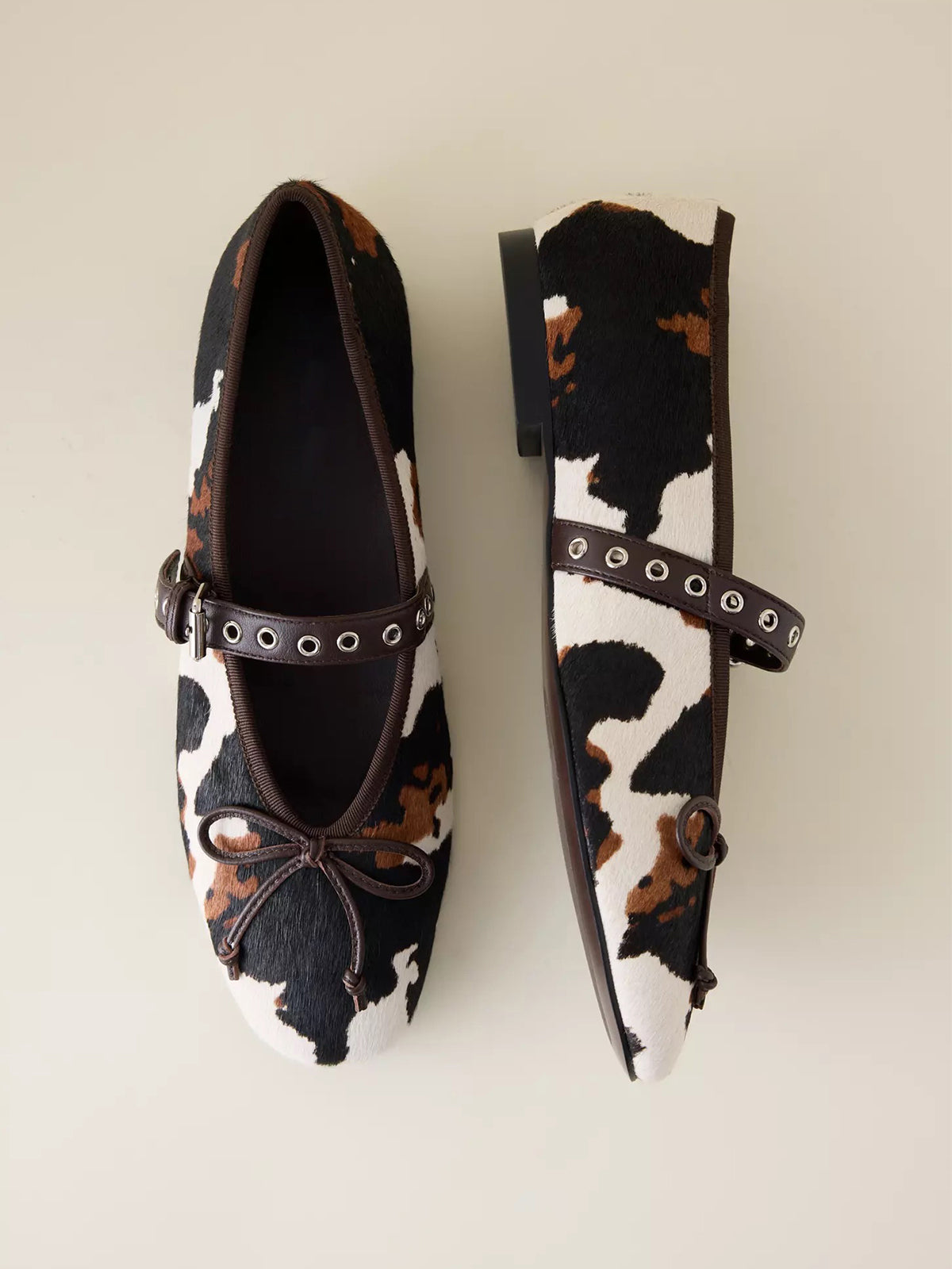 Cow Print Round-Toe Mary Jane Front Bow Ballet Flats