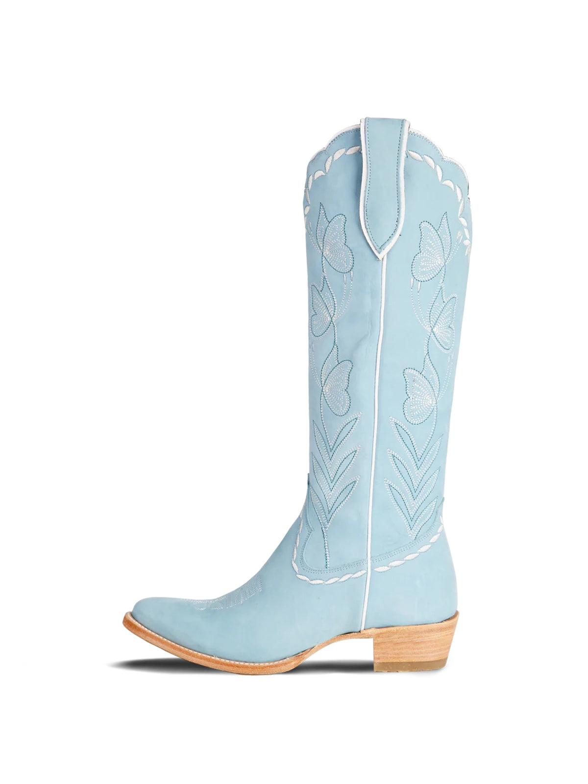 Almond-Toe Elegant Flowers Embroidery Knee High Half-Zip Cowgirl Boots - Powder Blue