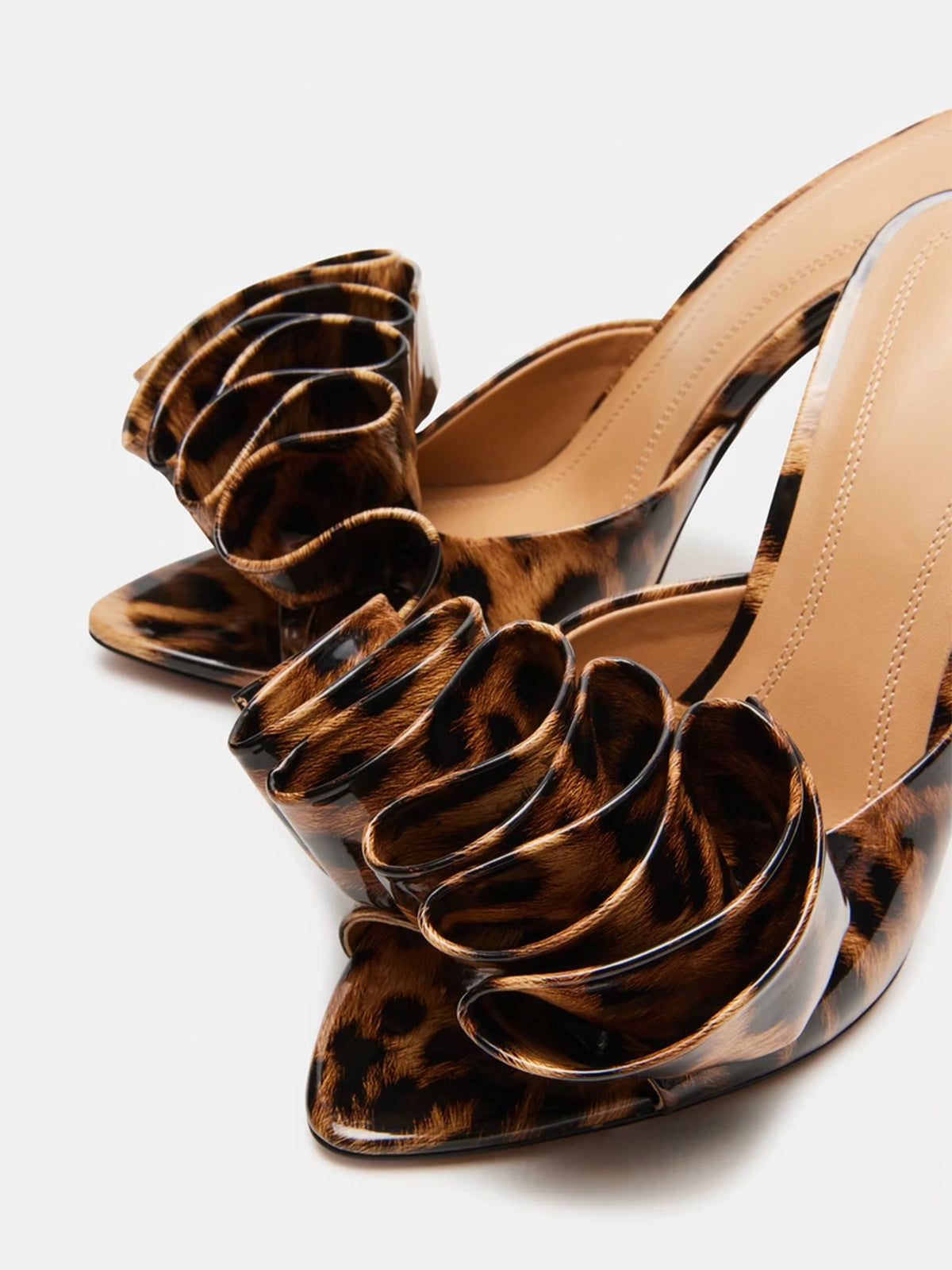 Pointed-Toe Slip-On Ruffle High Heels - Patent Leopard