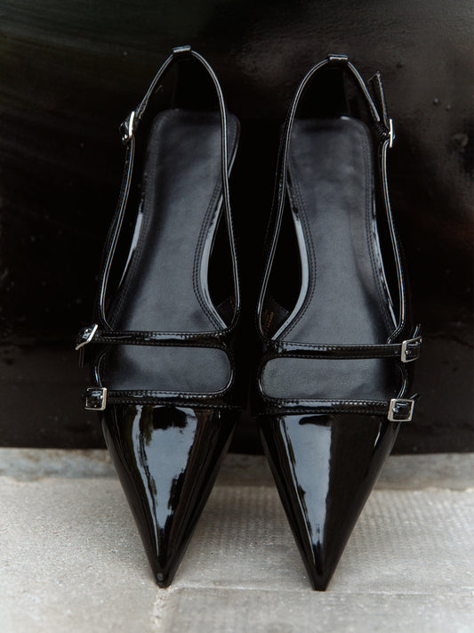 Patent Black Pointed-Toe Front Double Strap And Slingback Flats