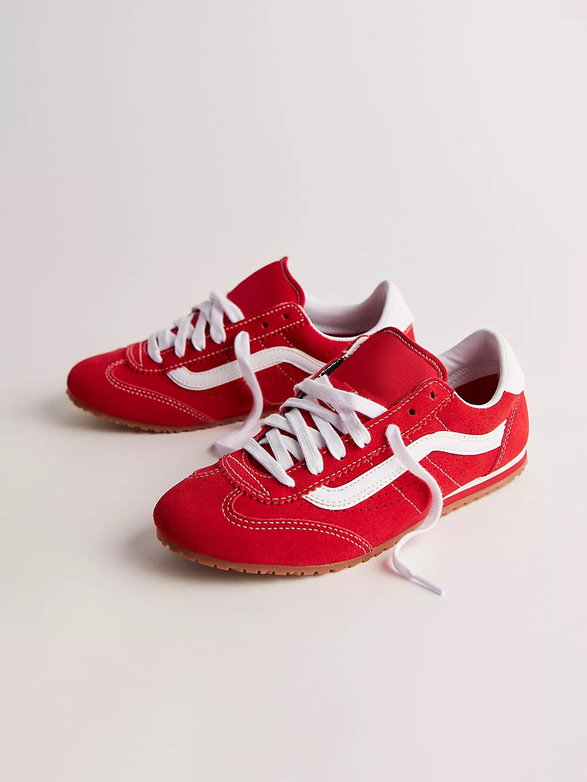 Red Faux Suede Round-Toe Lace-Up Flats Sneakers