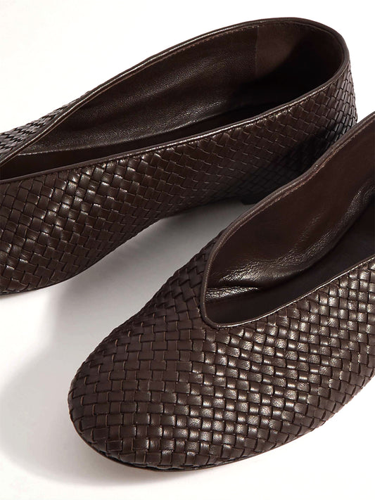 Brown Vegan Leather Woven Round-Toe V-Cut Vamp Flats