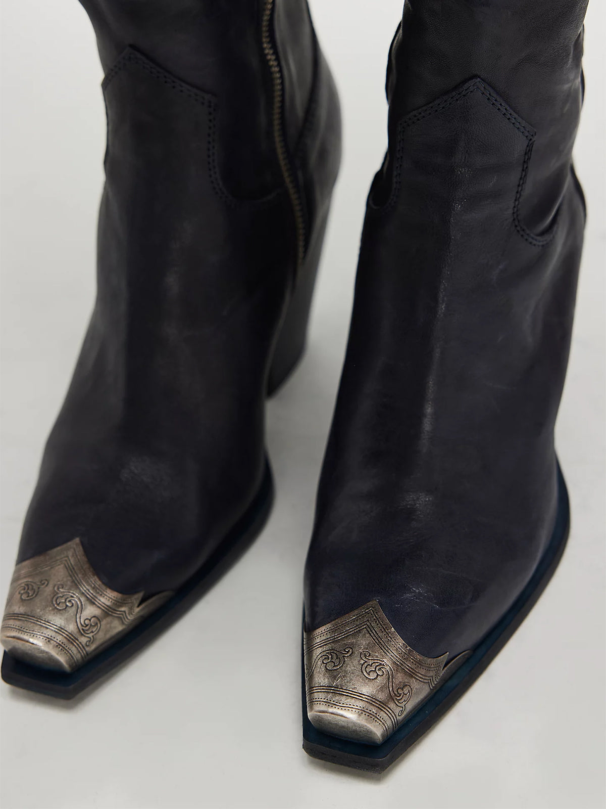 Metal Snip-Toe Full-Zip Classic Cowgirl Ankle Boots - Dark Navy
