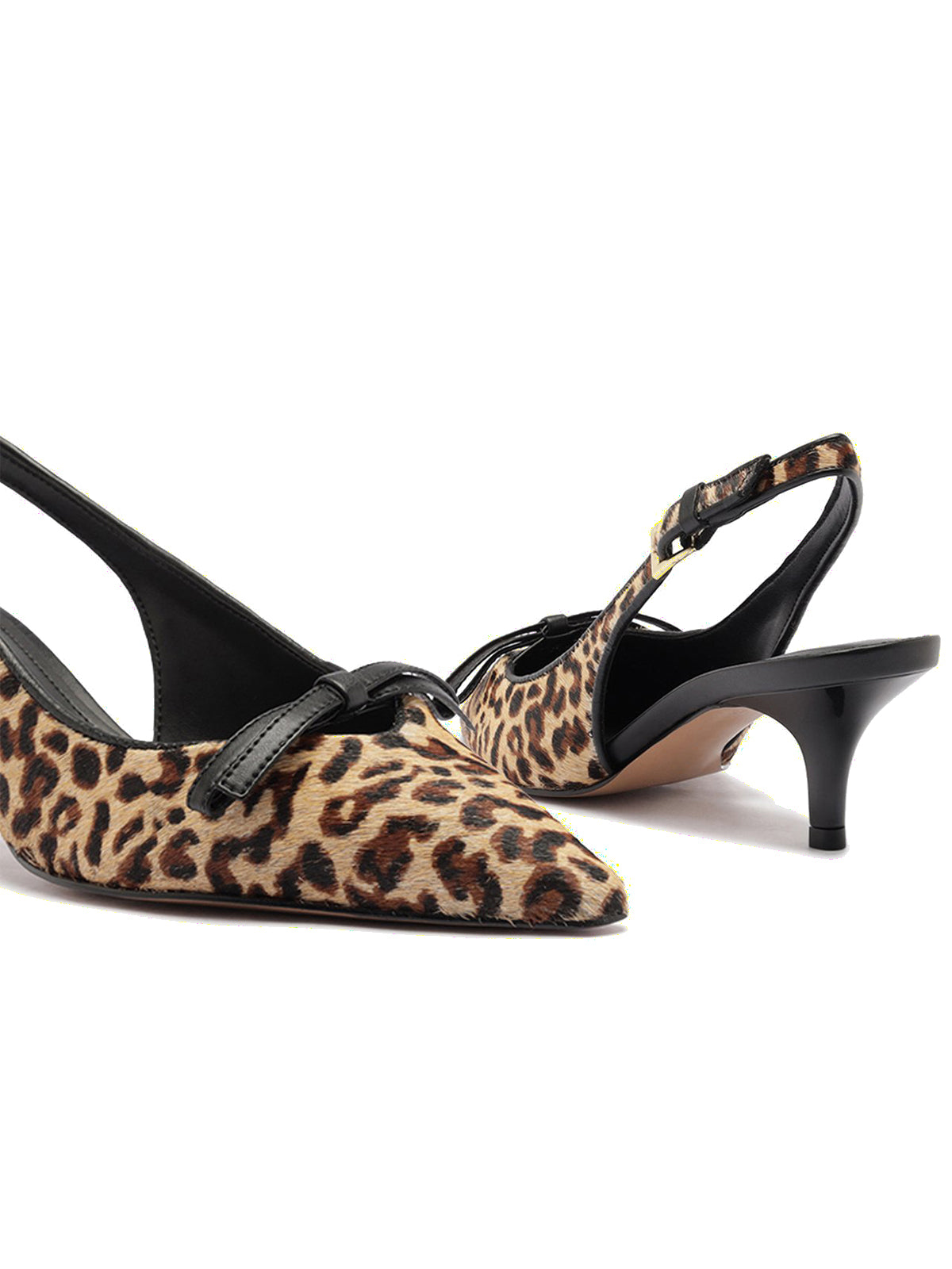 Leopard Print Pony Hair Vegan Leather Pointed-Toe Front Knot Buckle Slingback Kitten Heels