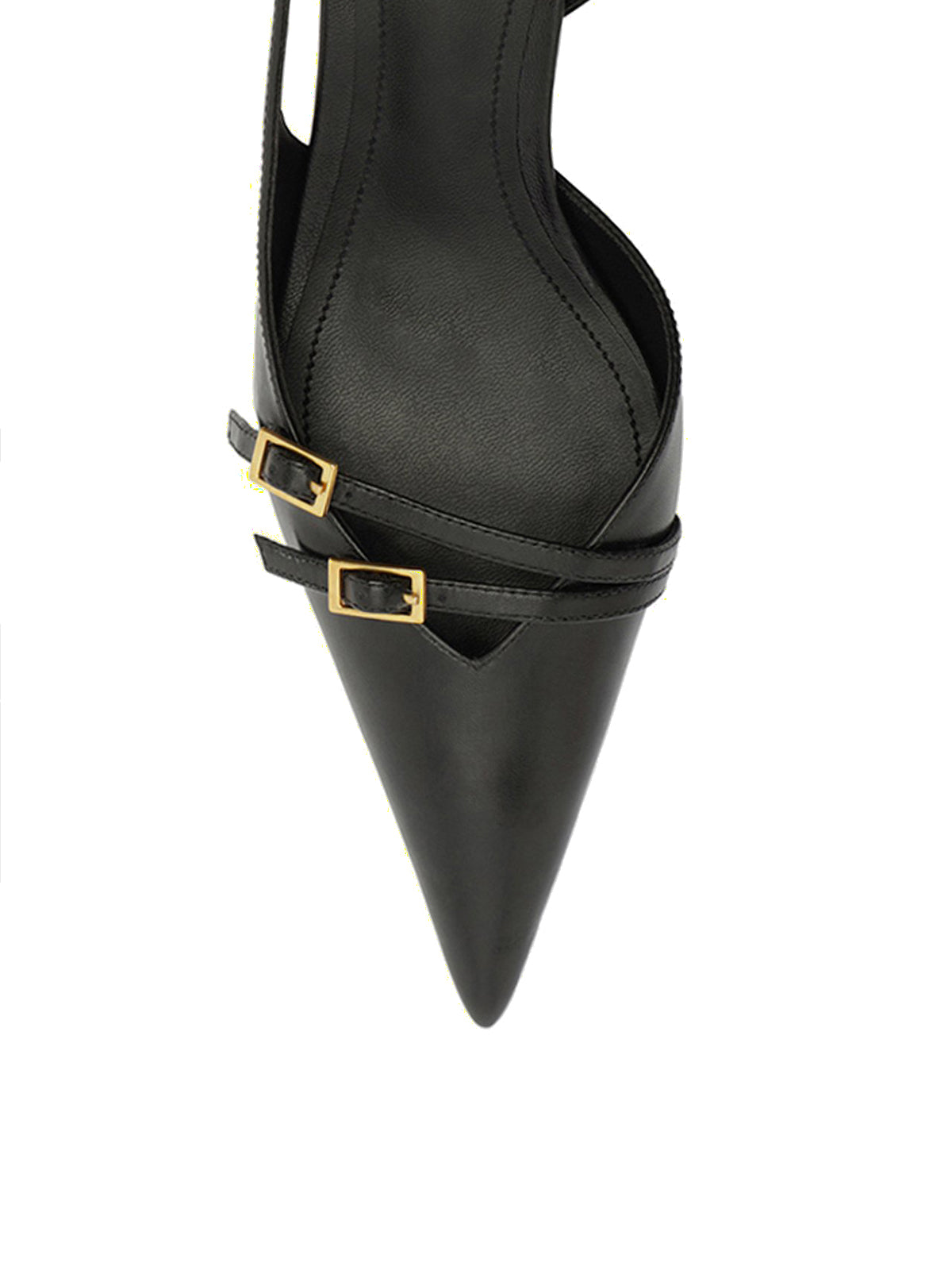 Black Pointed-Toe Front Double Buckle Straps Buckle Slingback Kitten Heels