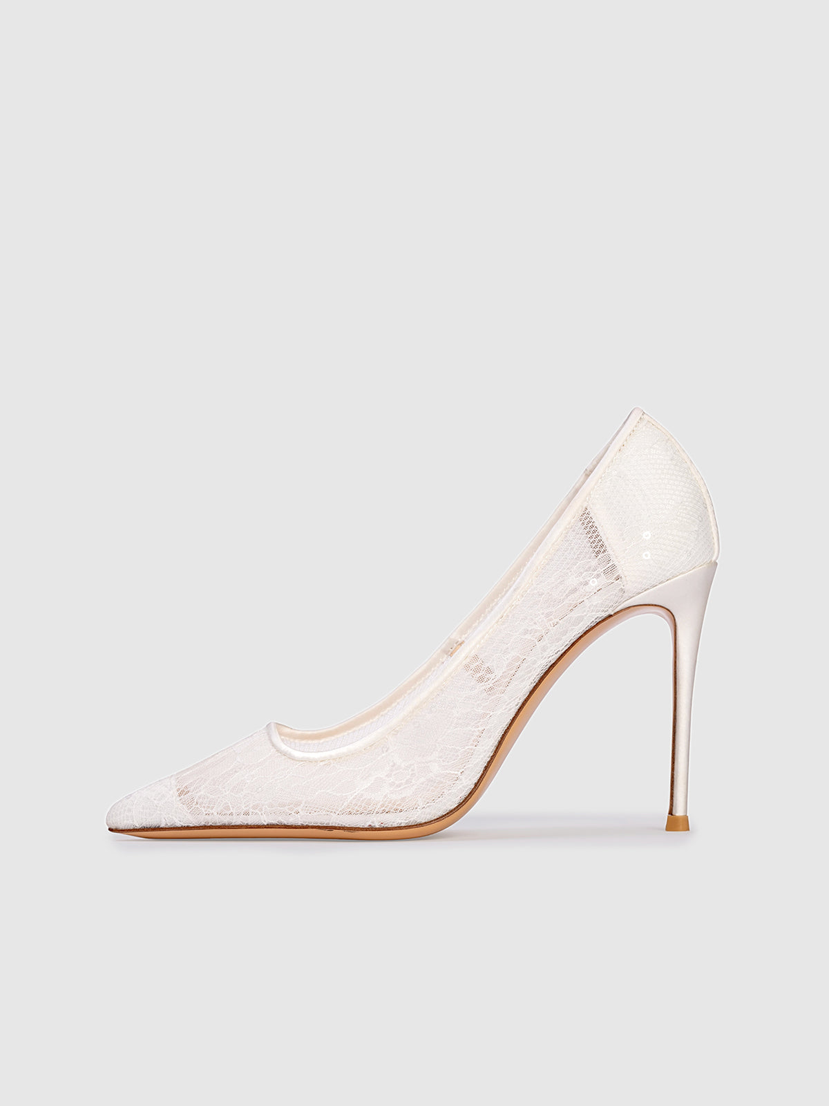 White Lace Mesh Pointed-Toe Slip-On High Heels