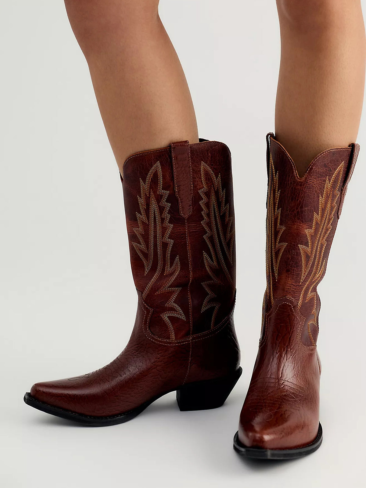Dark Brown Snip-Toe Classic Western Embroidery Mid Calf Stylish Cowgirl Boots