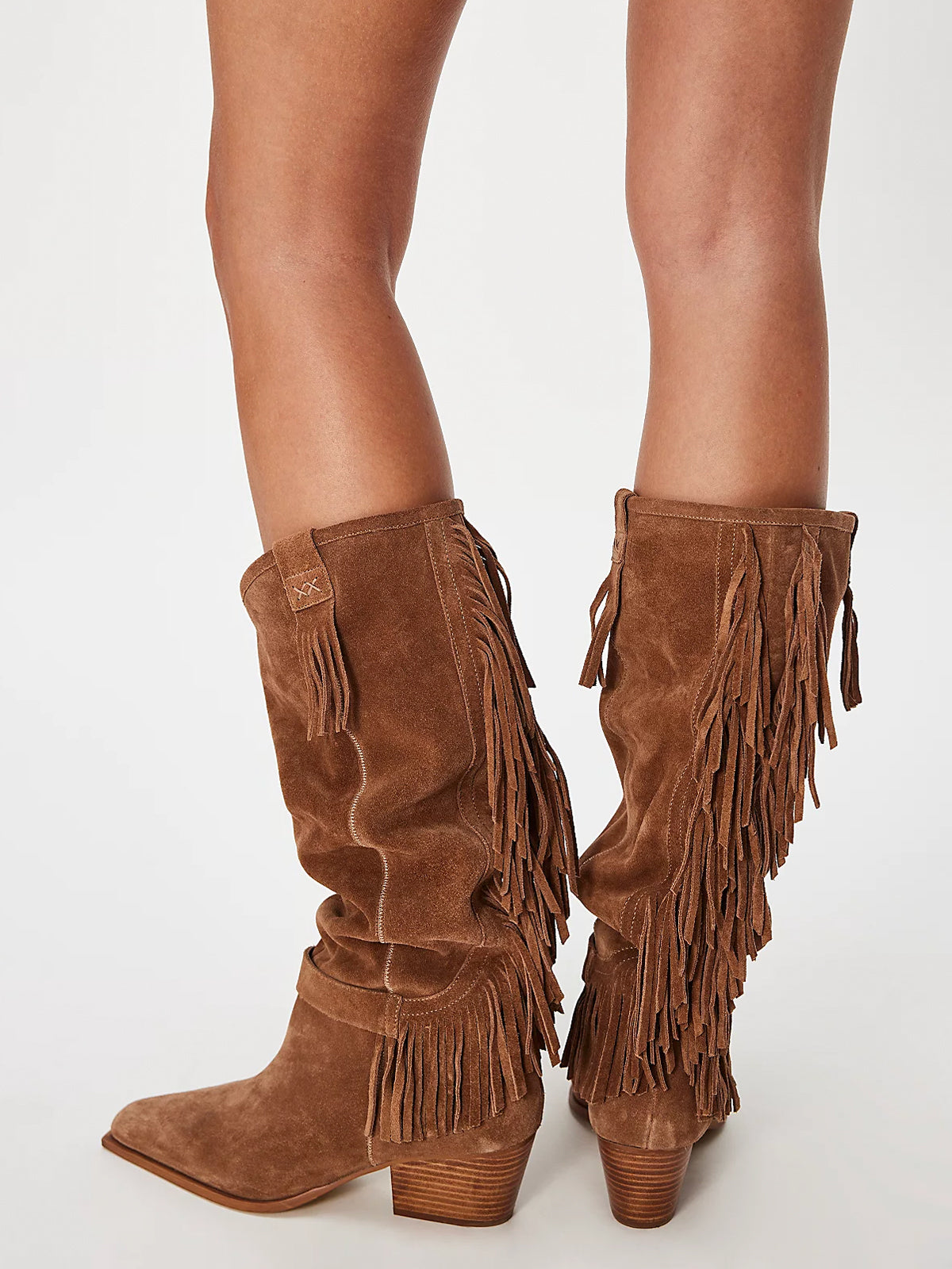 Brown Faux Suede Pointed-Toe Fringe Wide Calf Knee High Cowgirl Boots