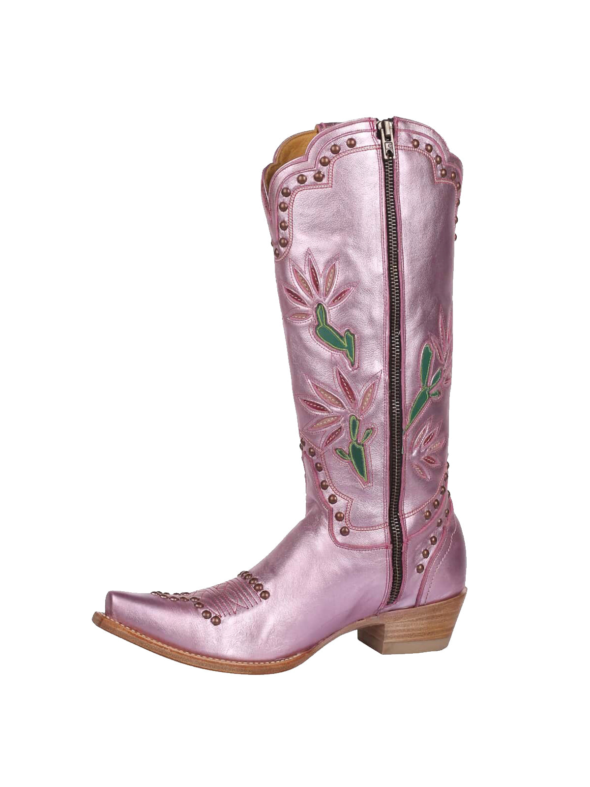 Metallic Pink Snip-Toe Cactus Inlay Studded Full-Zip Knee High Cowgirl Boots