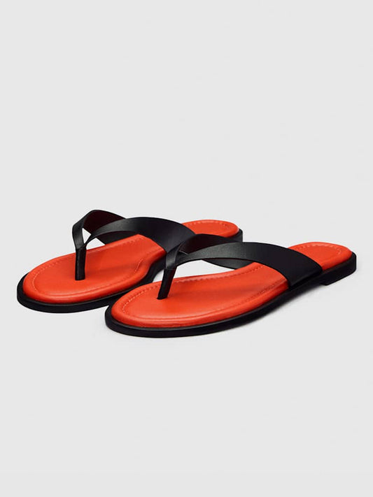 Black Round-Toe Flip-Flop Slip-On Flats Sandals