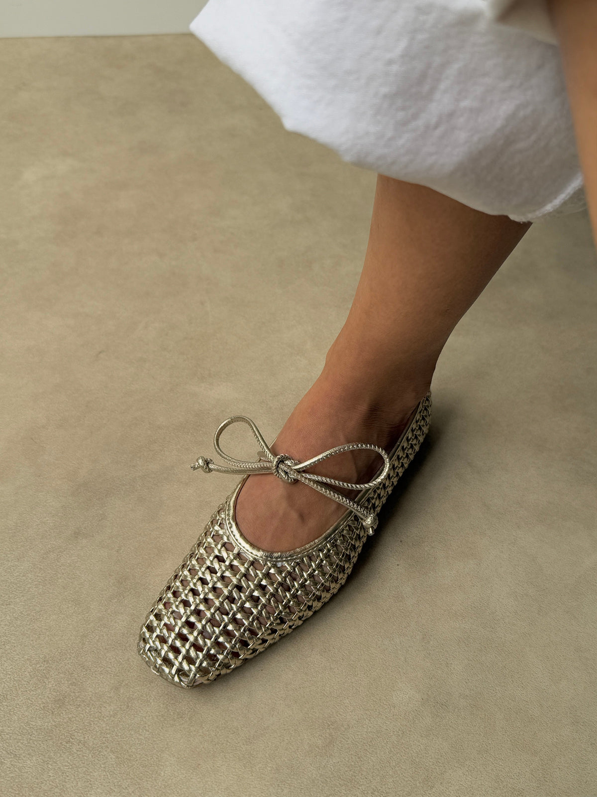 Metallic Silver Woven Vegan Leather Square-Toe Mary Jane Stylish Ballet Flats