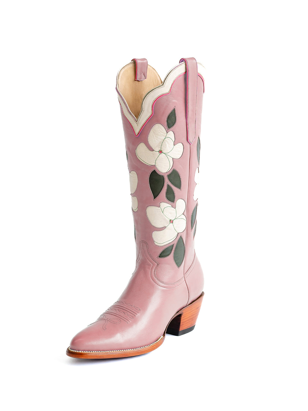 Dusty Pink Almond-Toe White Flower Inlay Wide Calf Knee High Cowgirl Boots