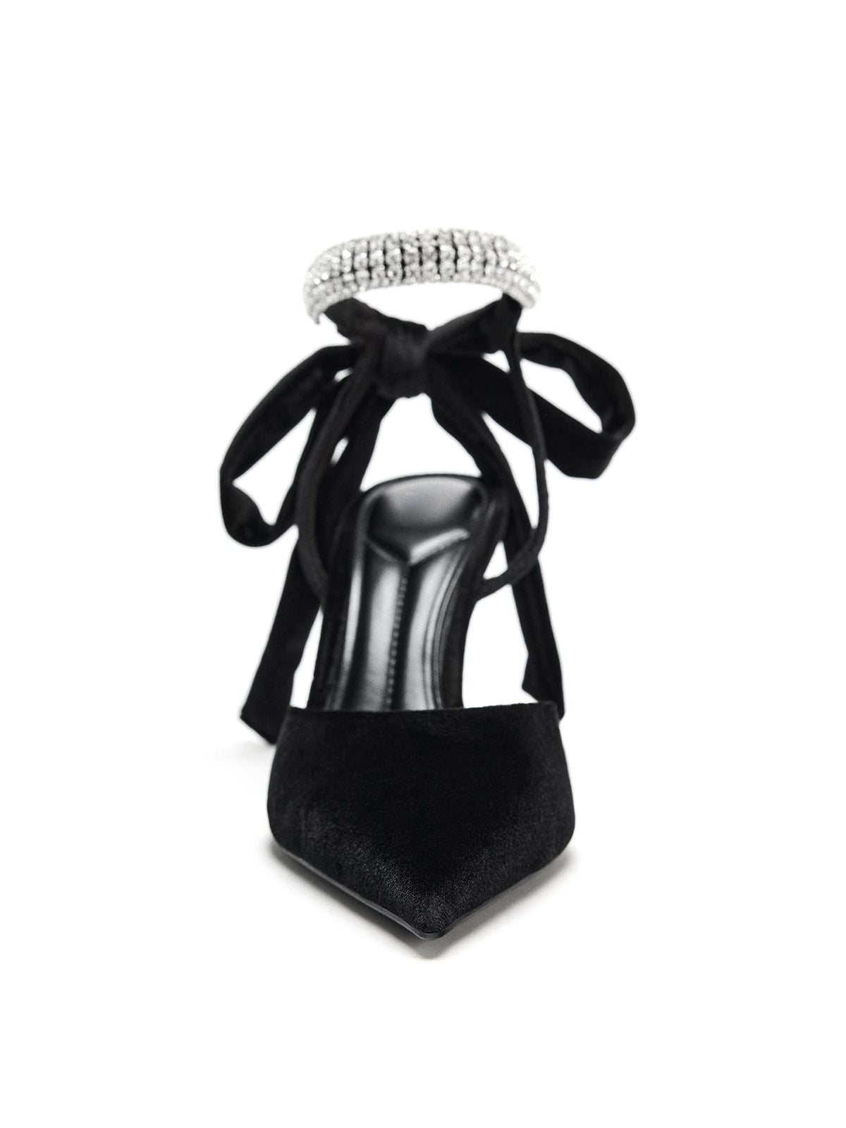 Black Velvet Pointed-Toe Slingback Rhinestone Ankle Strap With Bow High Heels