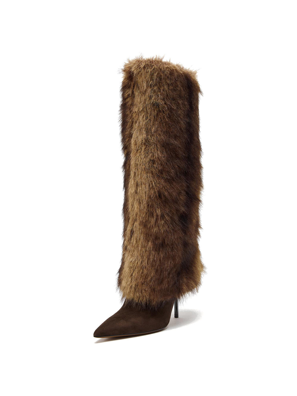 Brown Faux Suede Pointed-Toe Plush Wide Calf Knee High Stiletto Boots