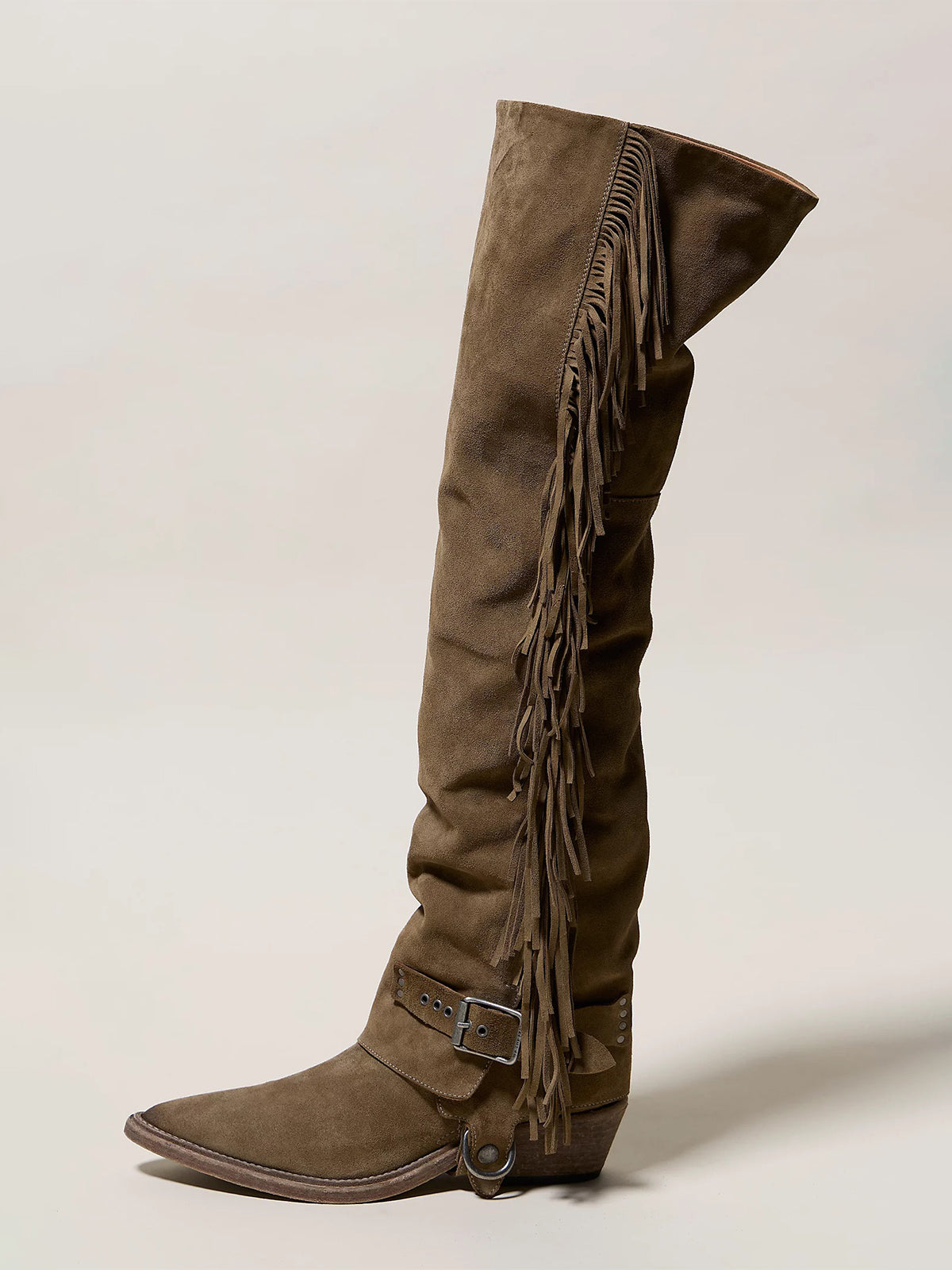 Taupe Faux Suede Pointed-Toe Side Fringe Buckle Strap Over-The-Knee Cowgirl Boots