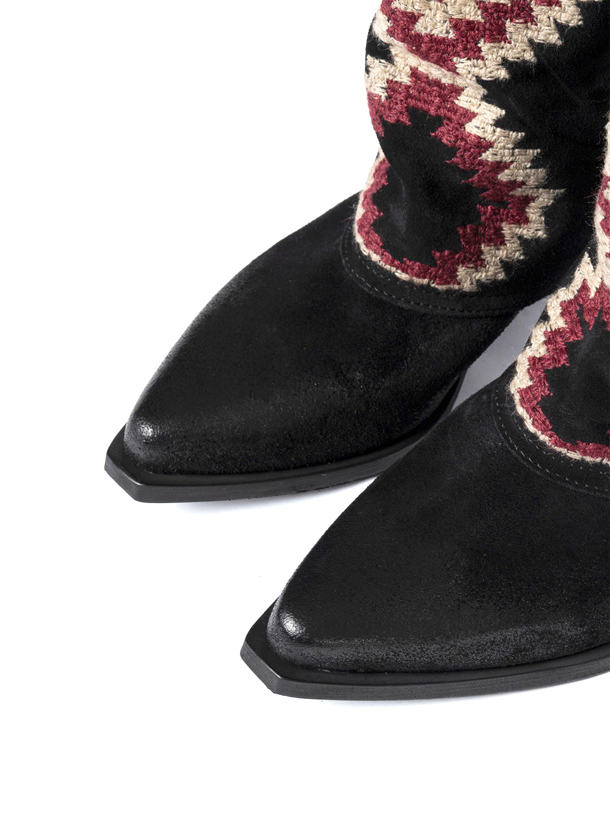 Side Fringe Snip-Toe Embroidery Fold-Over Mid Calf Cowgirl Boots - Black Faux Suede