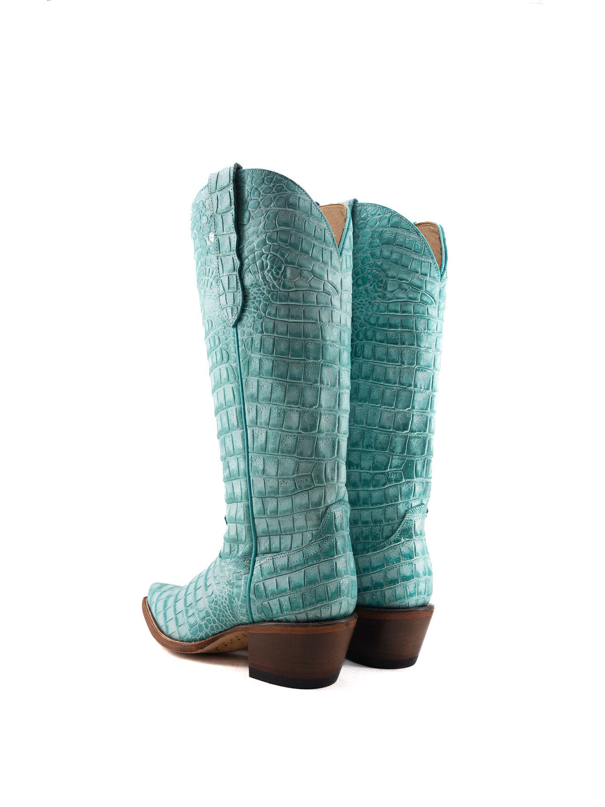 Turquoise Crocodile Print Snip-Toe Half-Zip Knee High Cowgirl Boots