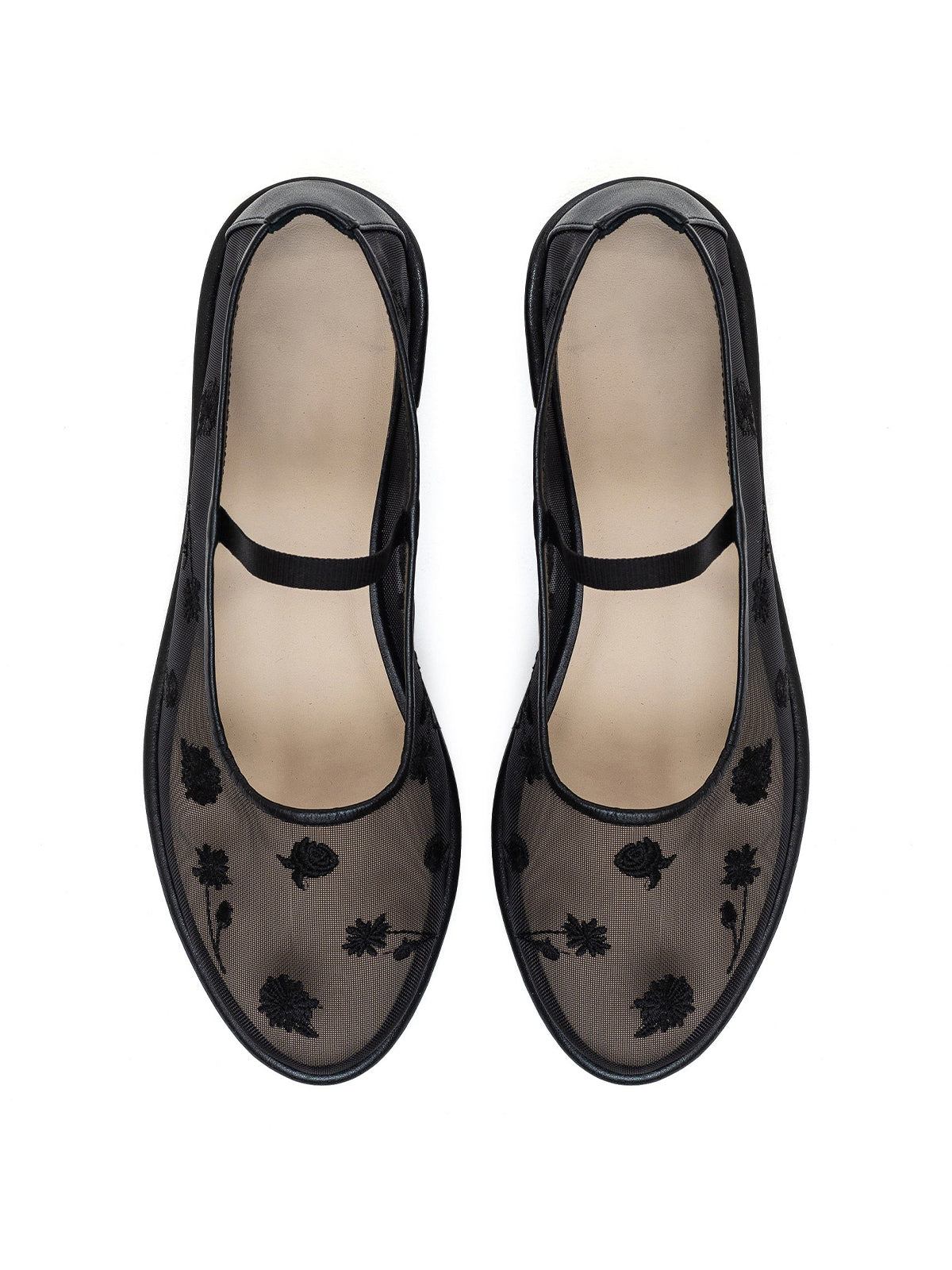 Black Mesh Round-Toe Wildflowers Embroidery Mary Jane Ballet Flats