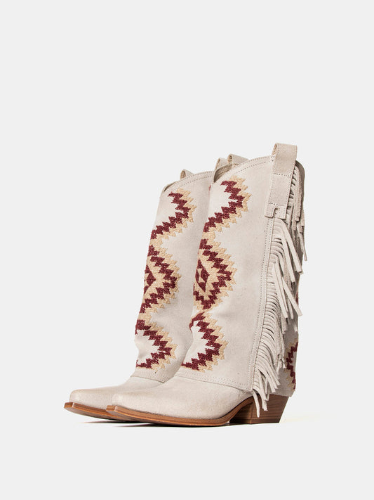 Side Fringe Snip-Toe Embroidery Fold-Over Mid Calf Cowgirl Boots - Ivory Faux Suede
