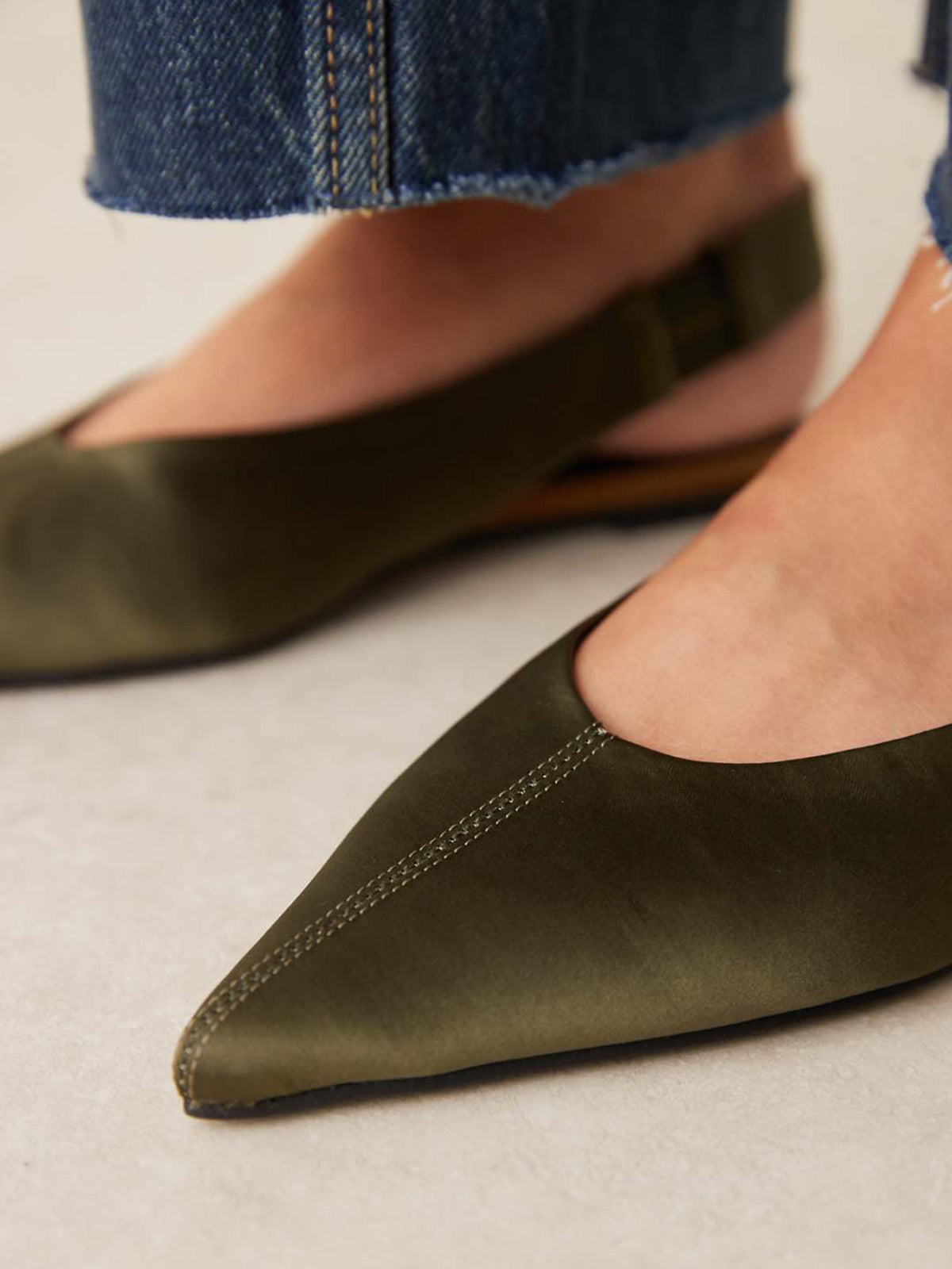 Green Satin Pointed-Toe Elasticated Slingback Strap Flats